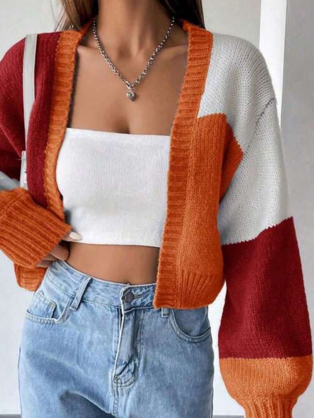 Colorblock Cropped Knit Open Cardigan V Neck Red, Orange White Casual Boho XS - Picture 4 of 11
